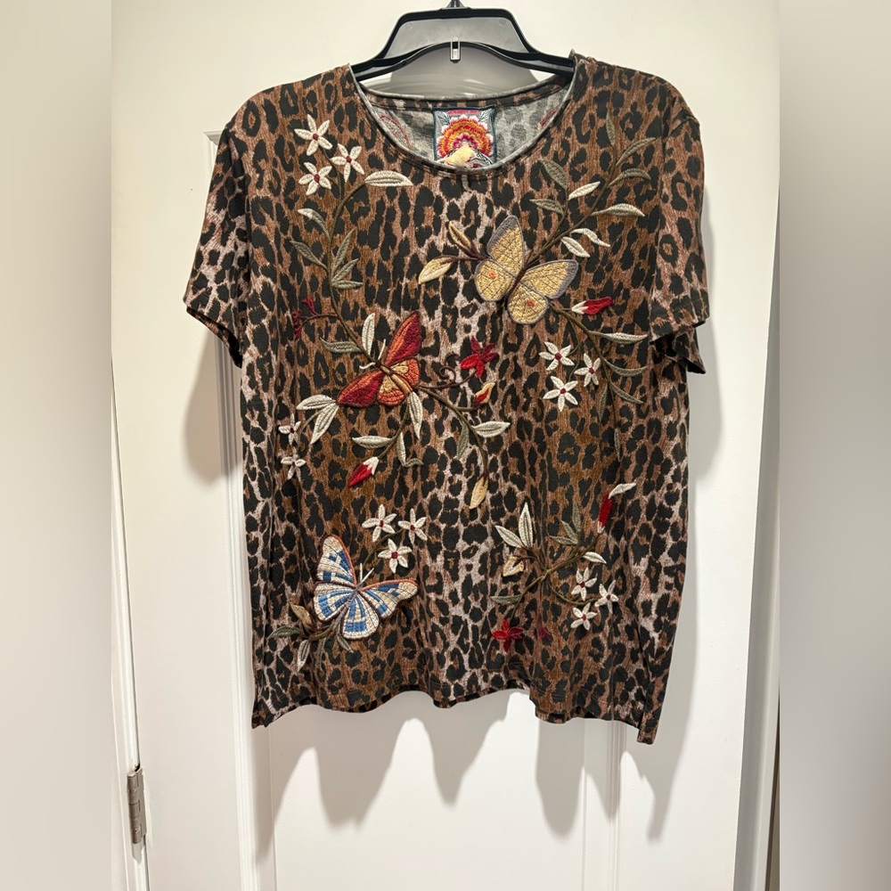 Johnny Was Brown and Black Leopard Print Top with Embroidered Accents